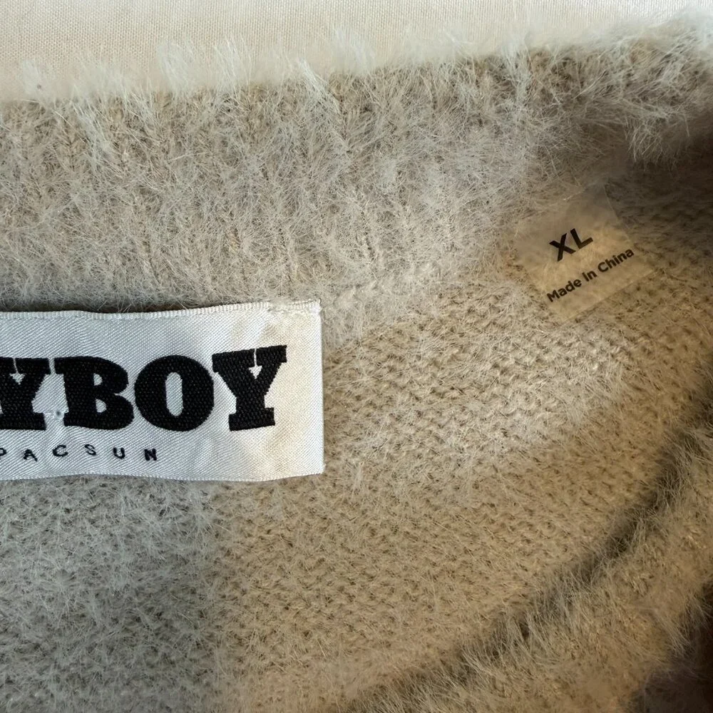 PLAYBOY Fuzzy Bunny Head PacSun Crew Neck Sweater Tan Beige XL